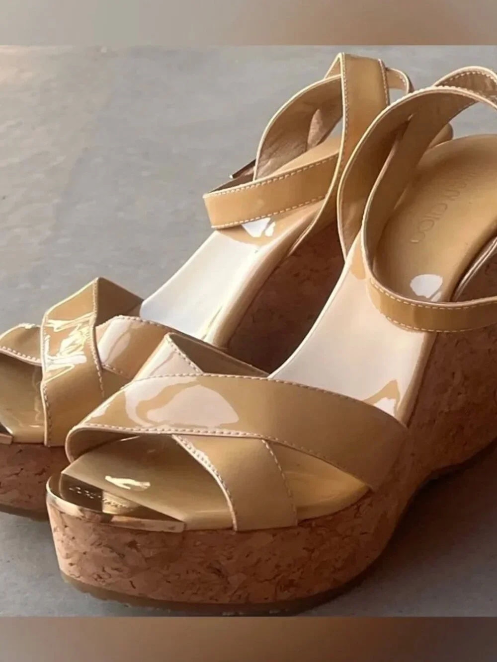 Jimmy Choo Papyrus Cork Platform Wedge Sandals Nude Patent Leather EU 41, US 11